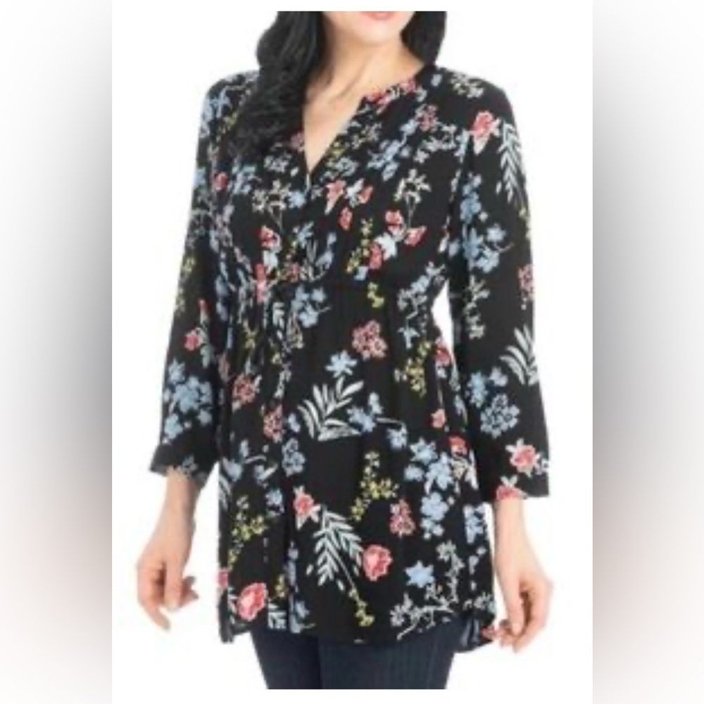 Hilary Radley Black Floral V-Neck Tunic Top Women XL string at waist 3/4 sleeves